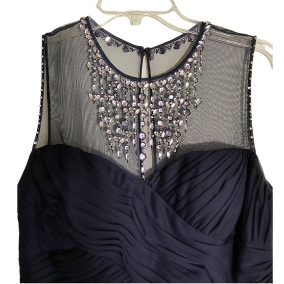 Adrianna Papell Navy Blue Sleeveless Embellished Mesh Ruched bodycon dress SZ 8 - Picture 3 of 15